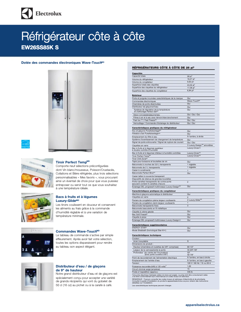 Page 1 de la notice Fiche technique Electrolux EW26SS85KS