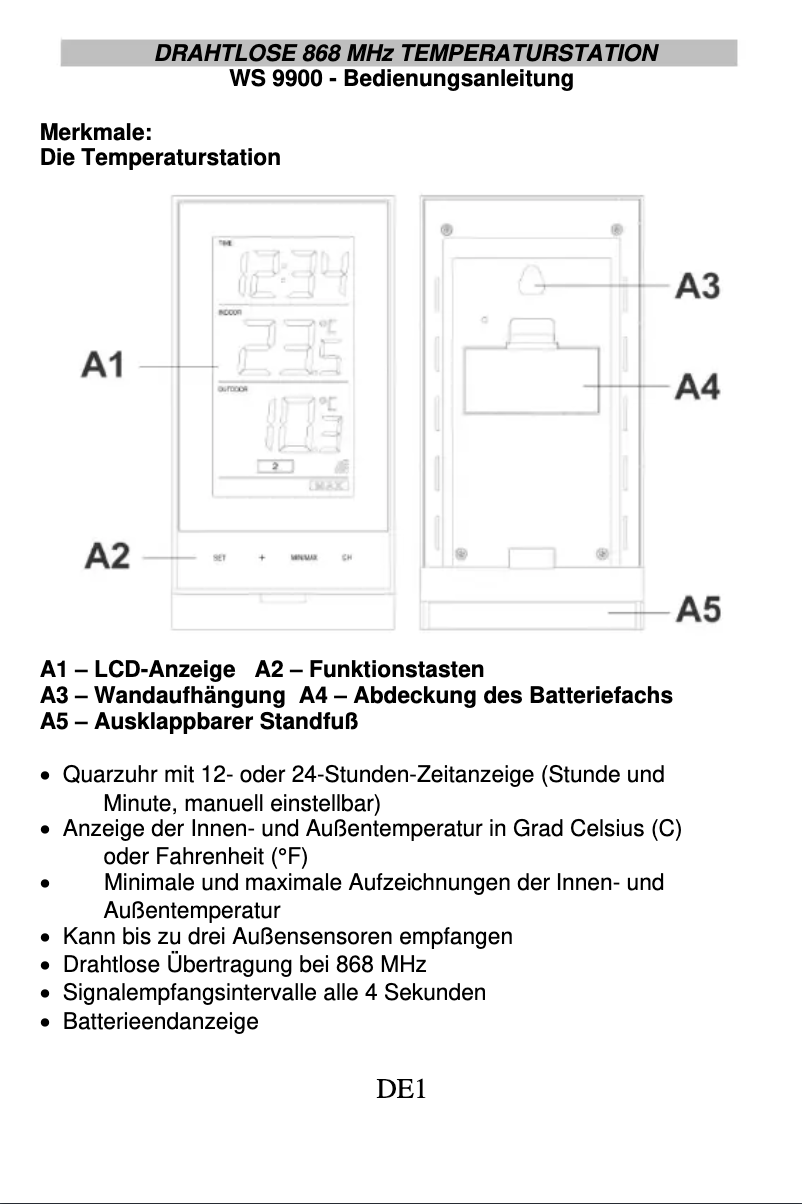 Page 1 de la notice Manuel utilisateur Techno Line WS 9900