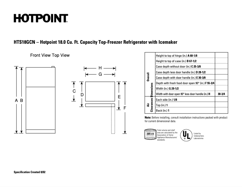 Page 1 de la notice Fiche technique Hotpoint HTS18GCNCC