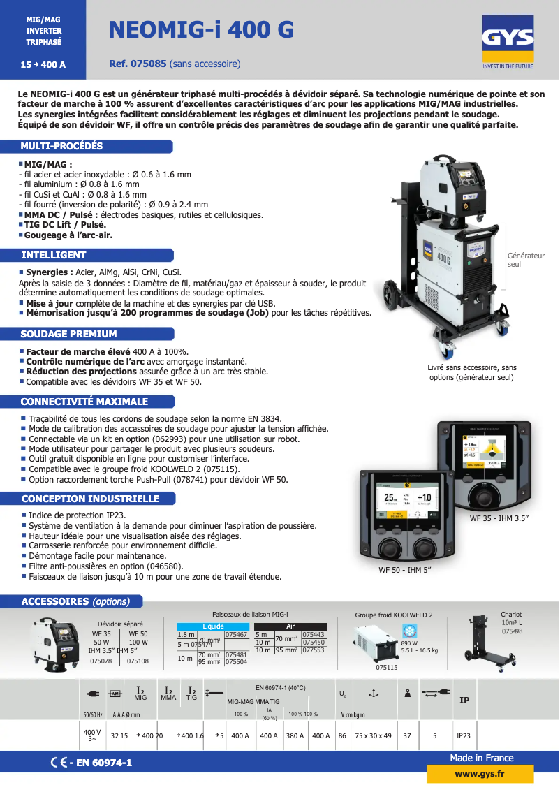 Page 1 de la notice Fiche technique GYS Neomig-i 400 G