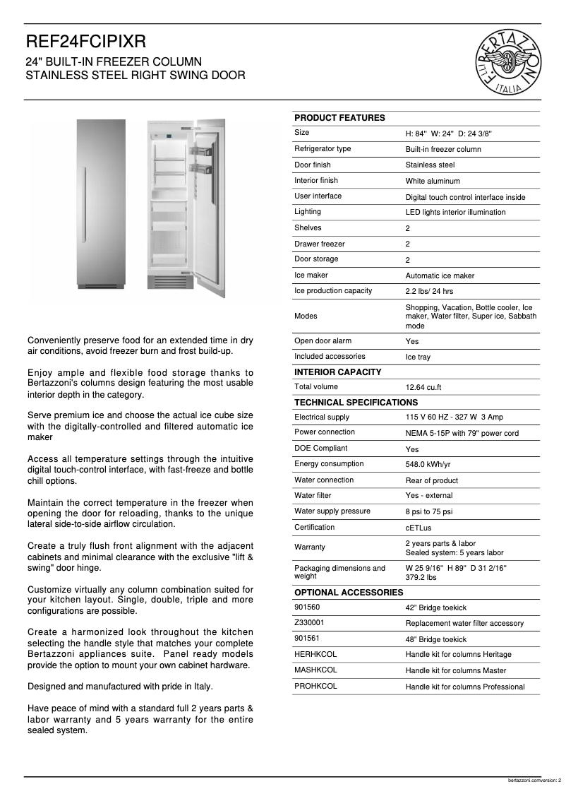 Página 1 del manual Ficha técnica Bertazzoni REF24FCIPIXR