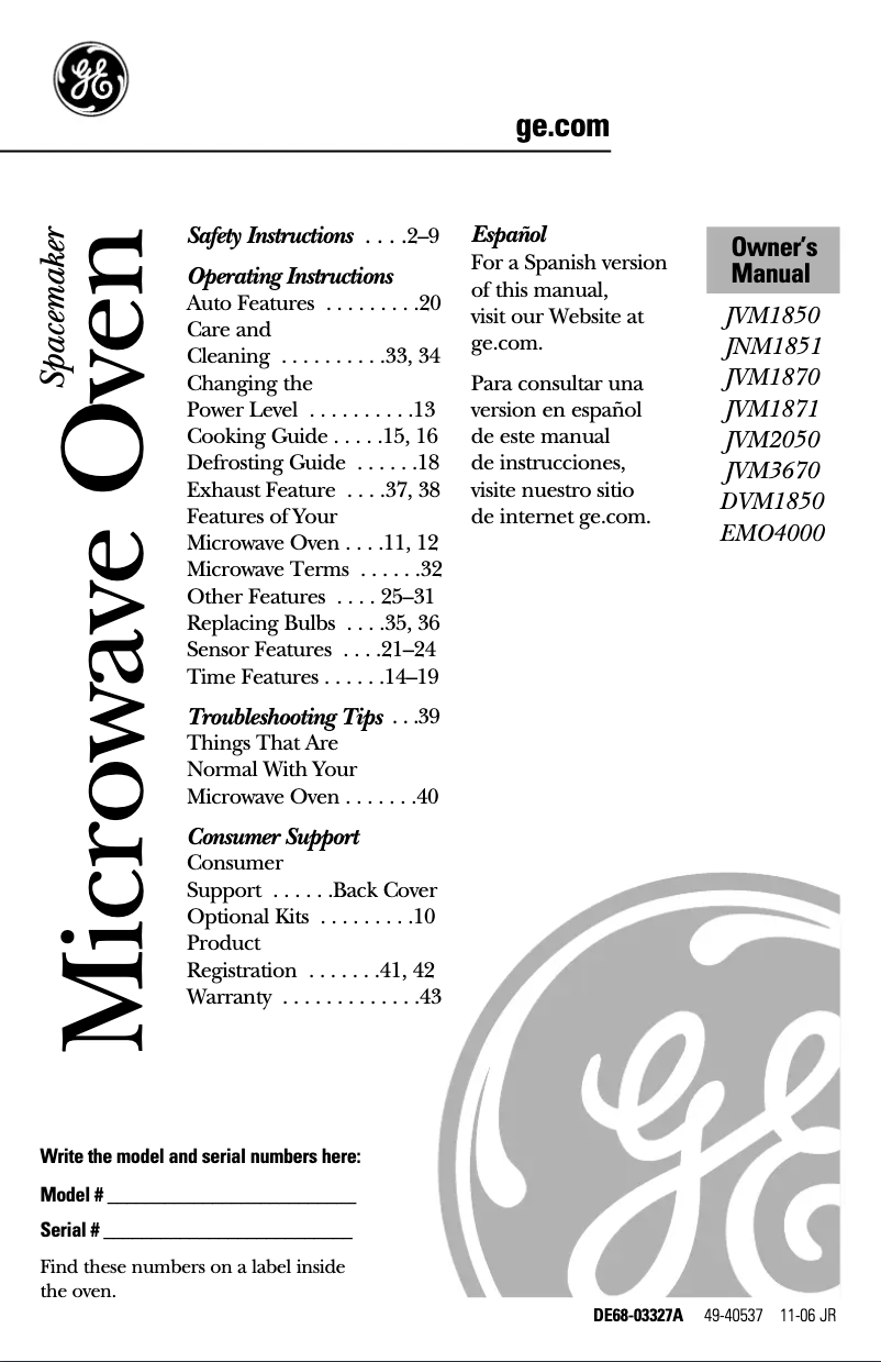 Page n°1 - Manuel utilisateur GE Spacemaker JVM1850DMWW