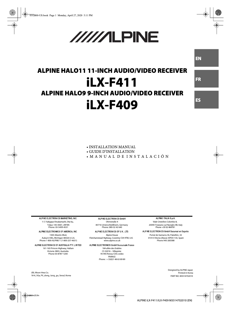 Page 1 de la notice Guide d'installation Alpine iLX-F409