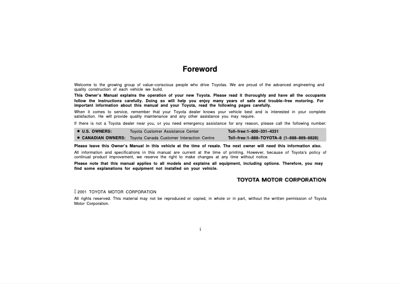 Page 1 de la notice Manuel utilisateur Toyota Prius (2002)