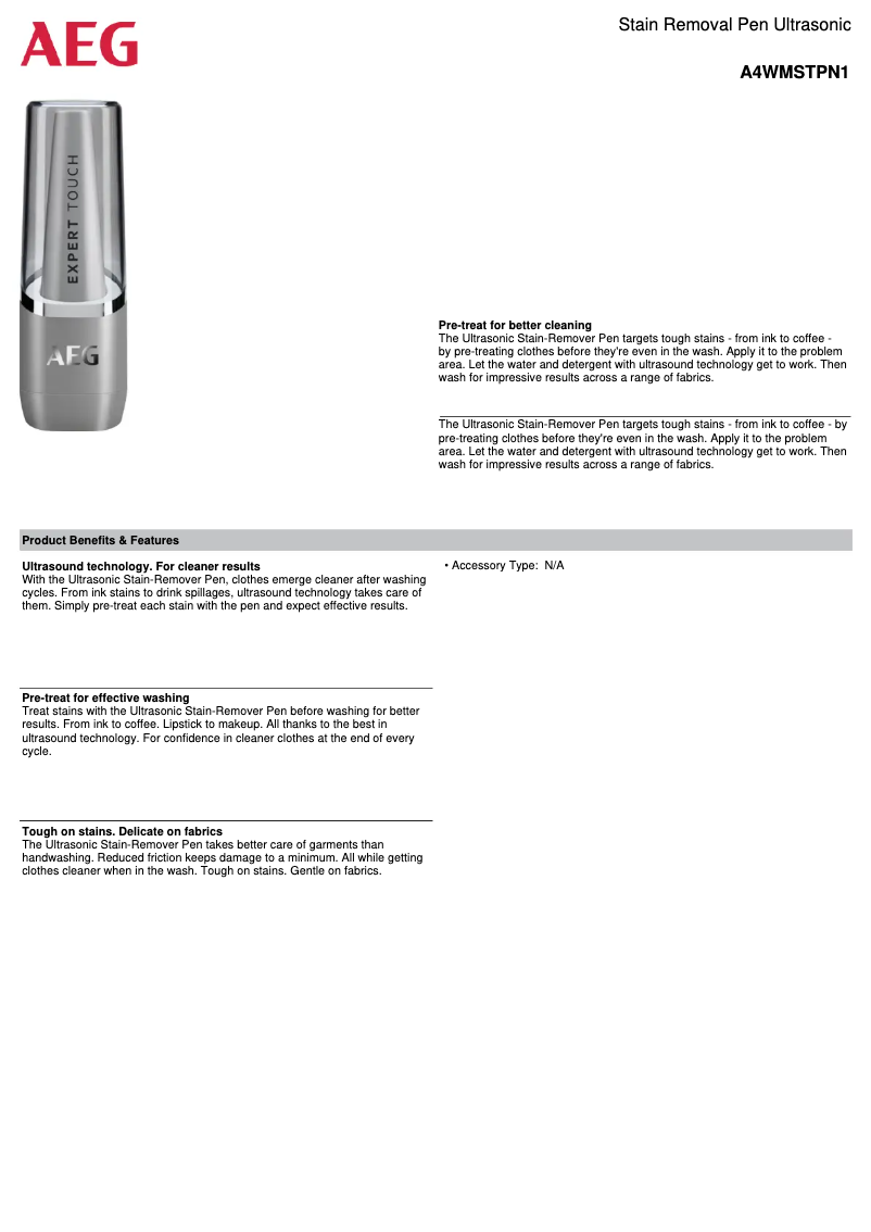 Page 1 de la notice Fiche technique AEG A4WMSTPN1