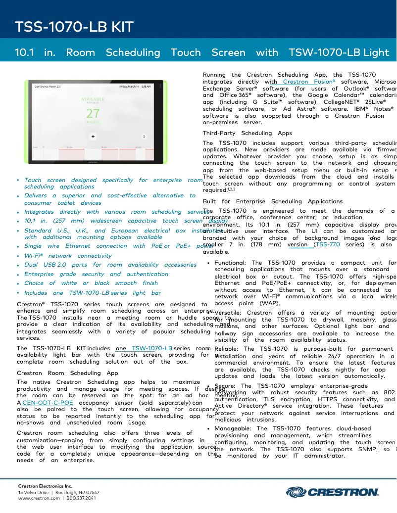 Page 1 de la notice Fiche technique Crestron TSS-1070-B-S-LB KIT