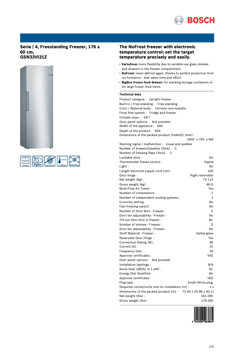 Page 1 of the manual Technical Sheet Bosch GSN33VI31Z