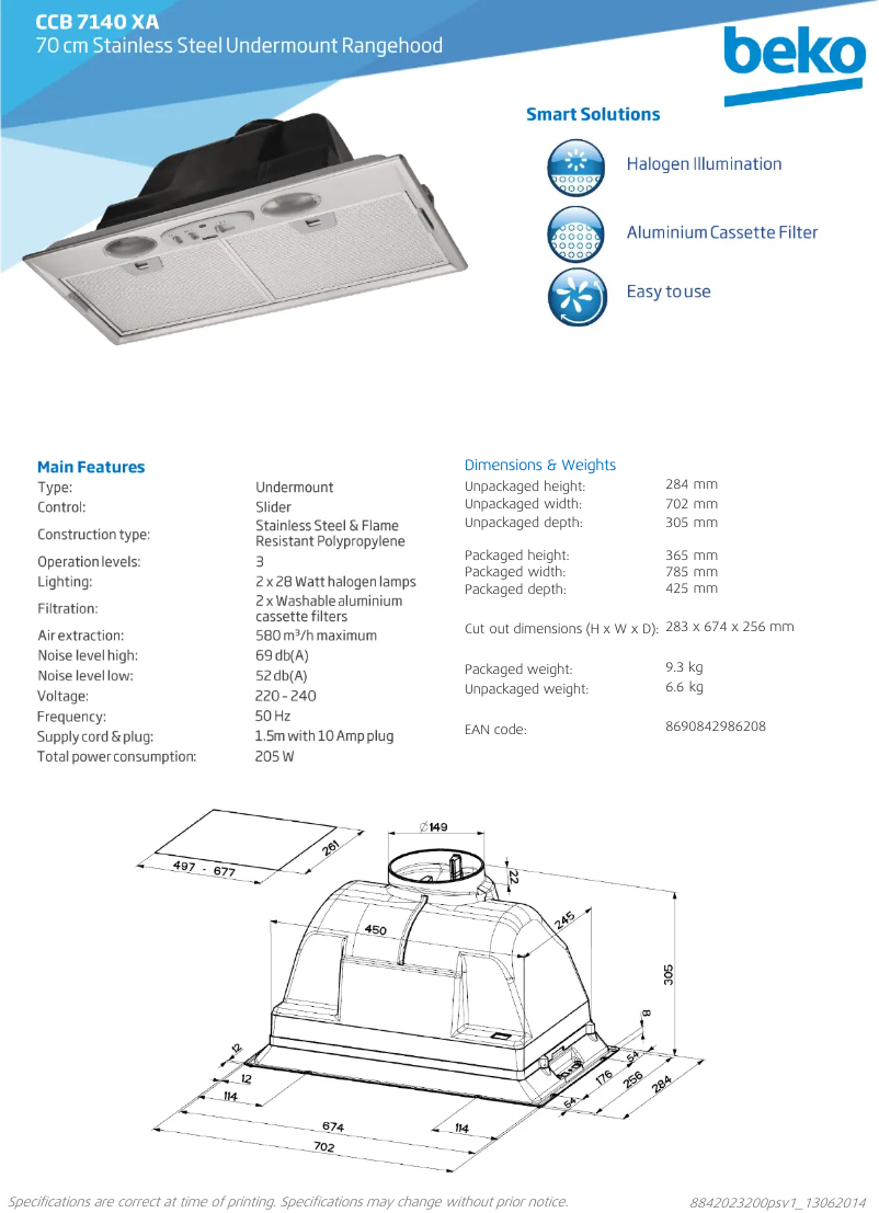 Page 1 de la notice Fiche technique Beko CCB7140XA