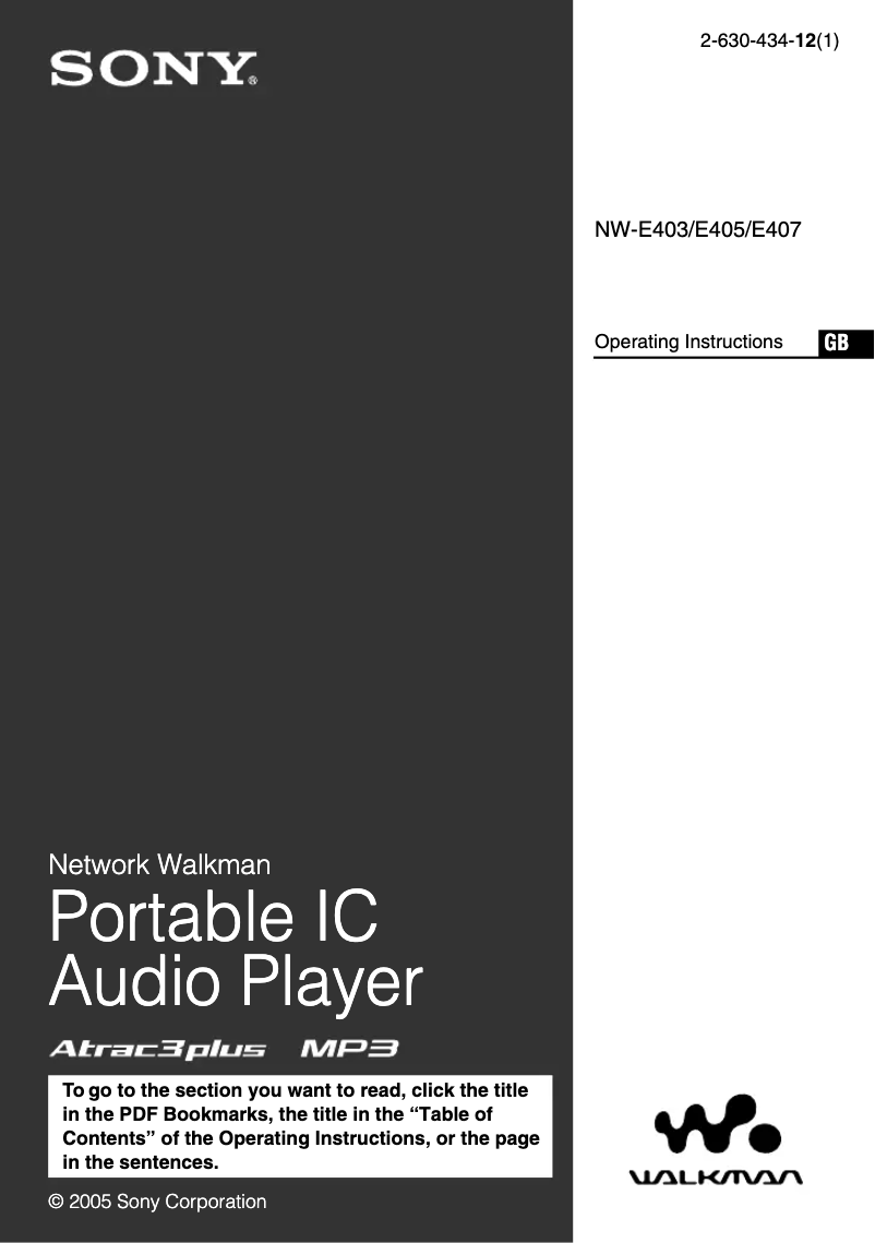 Page 1 de la notice Manuel utilisateur Sony Walkman NW-E405