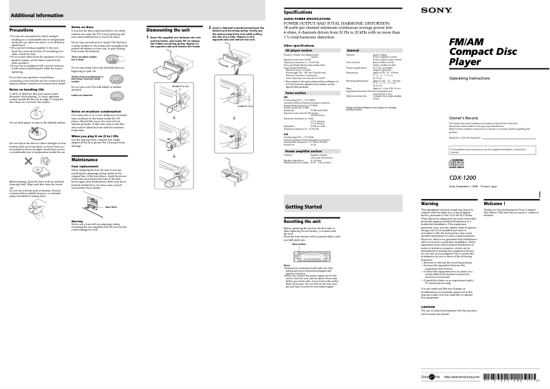 Page n°1 - Manuel utilisateur Sony CDX-1200