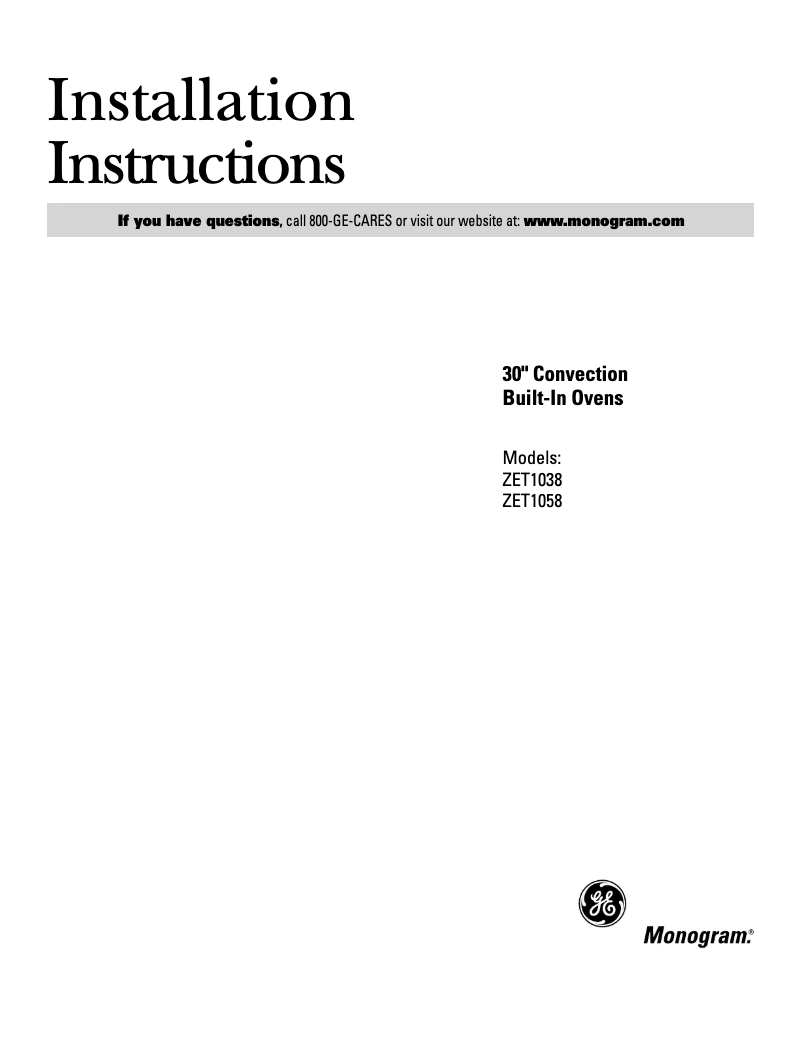 Page n°1 - Guide d'installation GE ZET1038BFBB