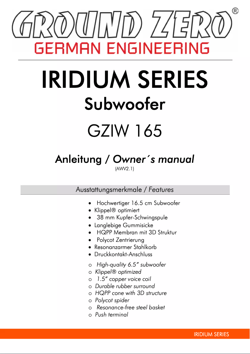 Page n°1 - Manuel utilisateur Ground Zero GZIW 165