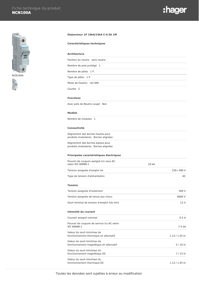Page 1 de la notice Manuel utilisateur Hager NCN100A