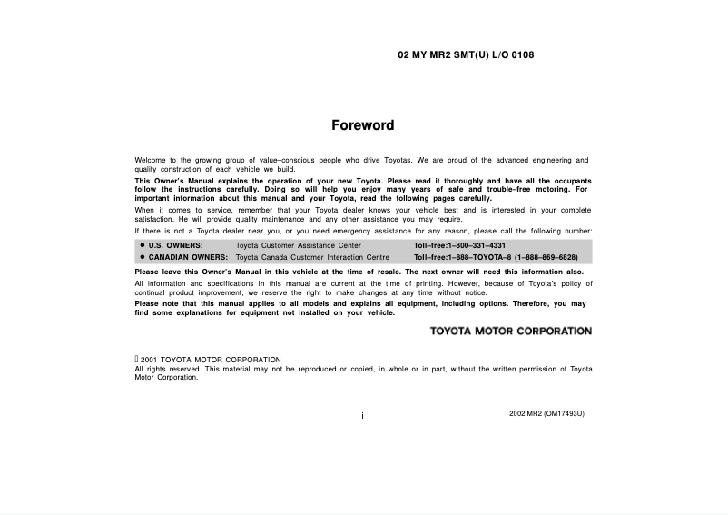 Page 1 de la notice Manuel utilisateur Toyota MR2 Spyder (2002)