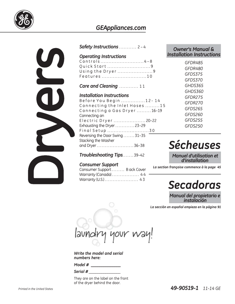 Page n°1 - Guide d'installation GE GFDR485GFMC
