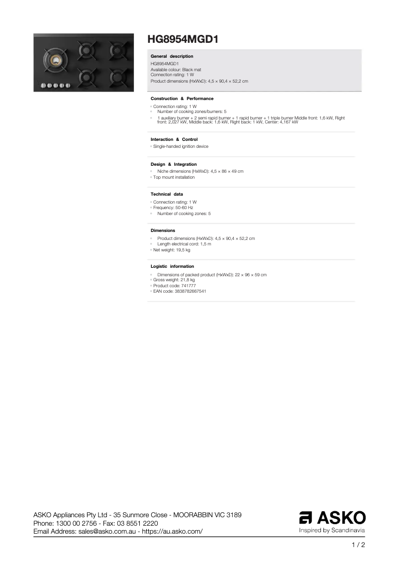 Page 1 de la notice Fiche technique Asko HG8954MGD1