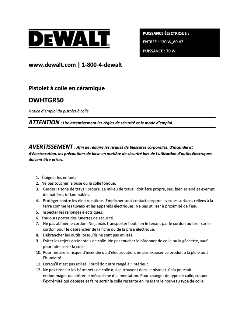 Page 1 de la notice Manuel utilisateur DeWalt DWHTGR50