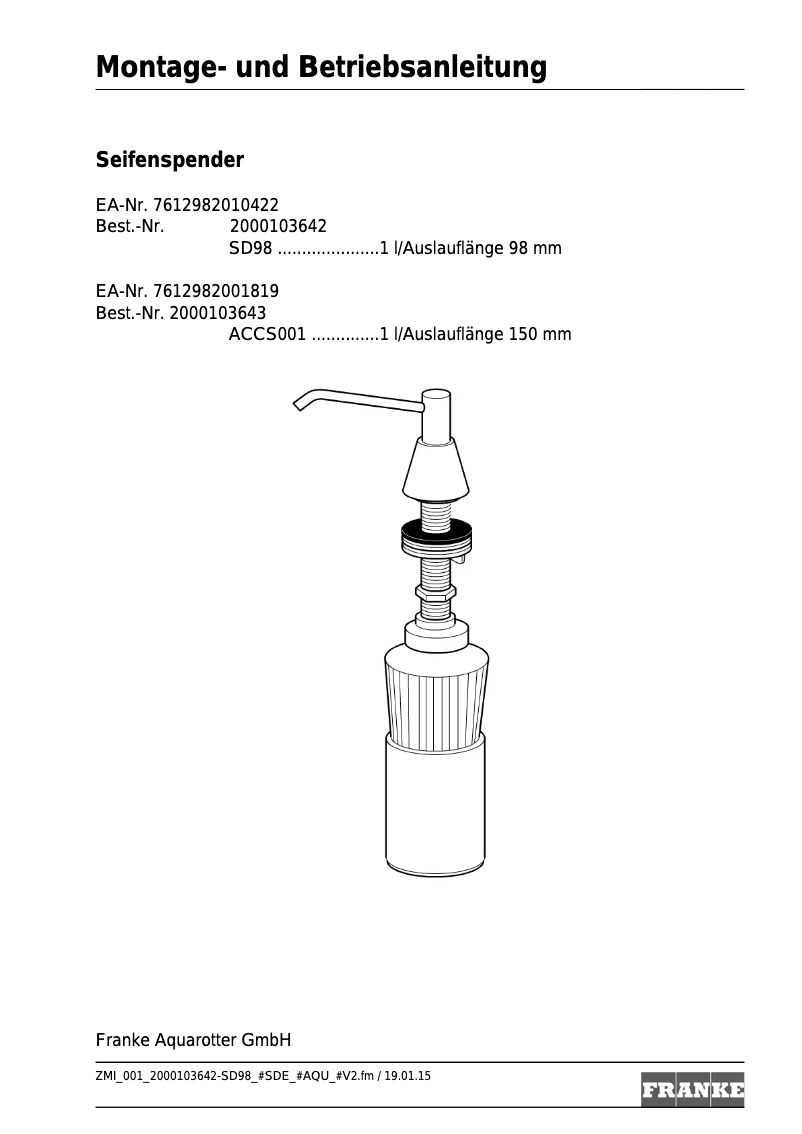 Page 1 de la notice Manuel utilisateur Franke SD98