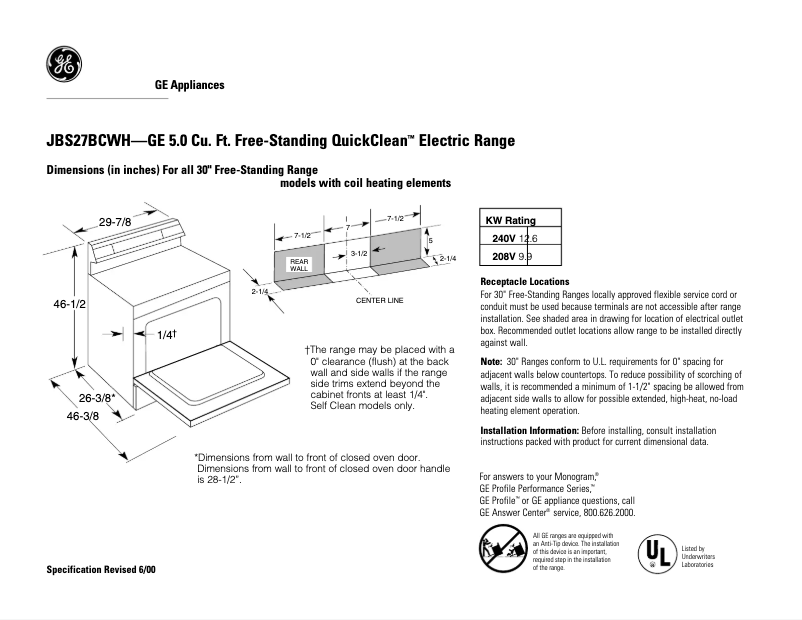Page n°1 - Fiche technique GE JBS27BCWH