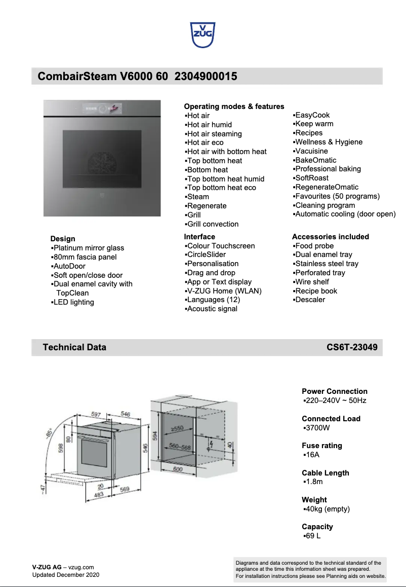 Page 1 de la notice Fiche technique V-Zug CombairSteamer V6000