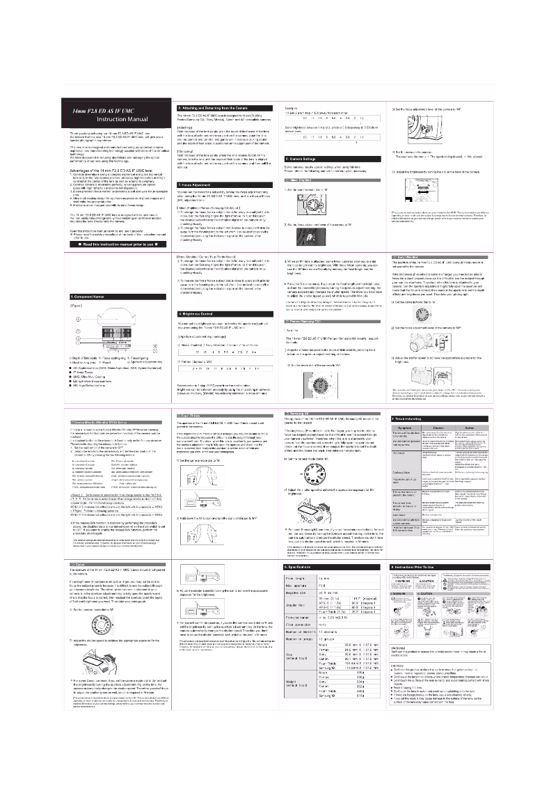 Page 1 de la notice Manuel utilisateur Samyang 14mm f/2.8 Aspherical IF ED UMC Nikon