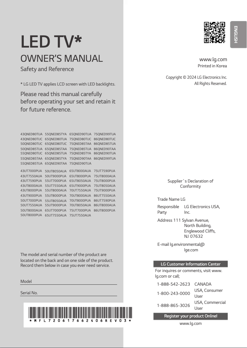 Page 1 de la notice Manuel utilisateur LG 65UT8000PUA