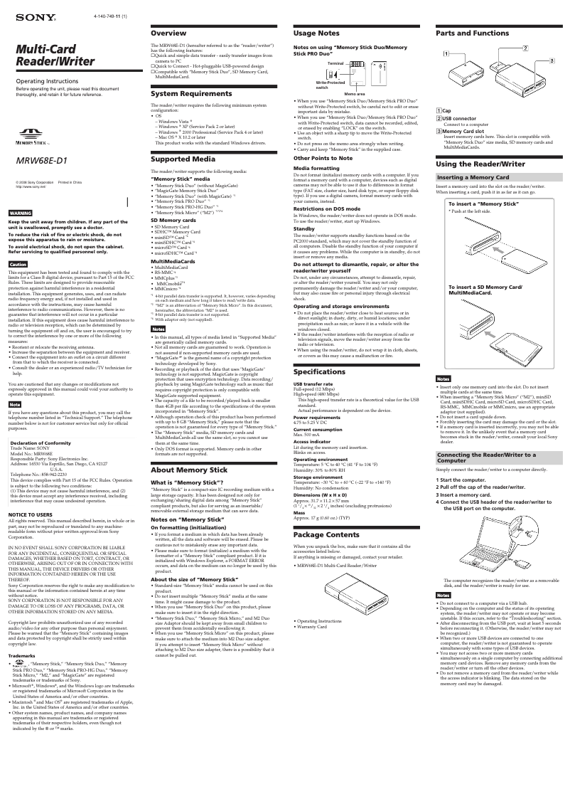 Page n°1 - Manuel utilisateur Sony MRW68E-D1