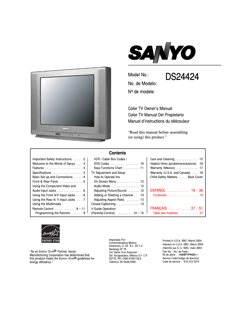 Page 1 de la notice Manuel utilisateur Sanyo DS24424