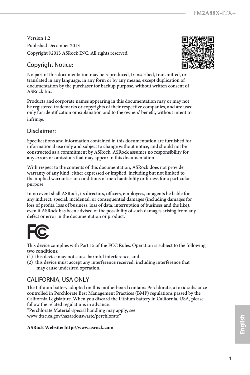 Page 1 de la notice Manuel utilisateur Asrock FM2A88X-ITX+