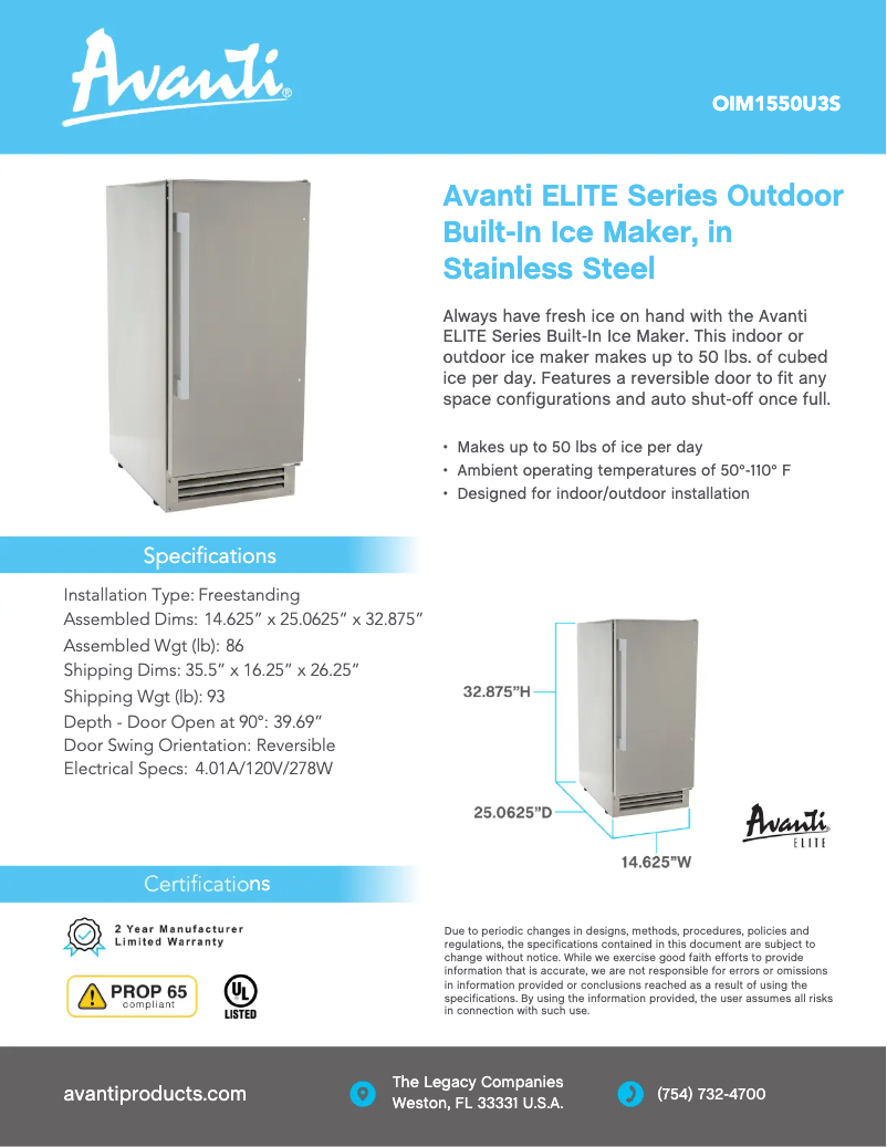 Page 1 de la notice Fiche technique Avanti OIM1550U3S