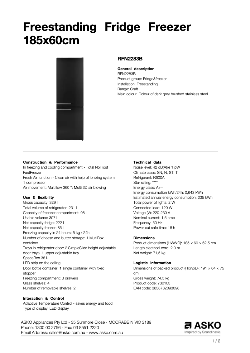 Page n°1 - Fiche technique Asko RFN2283B