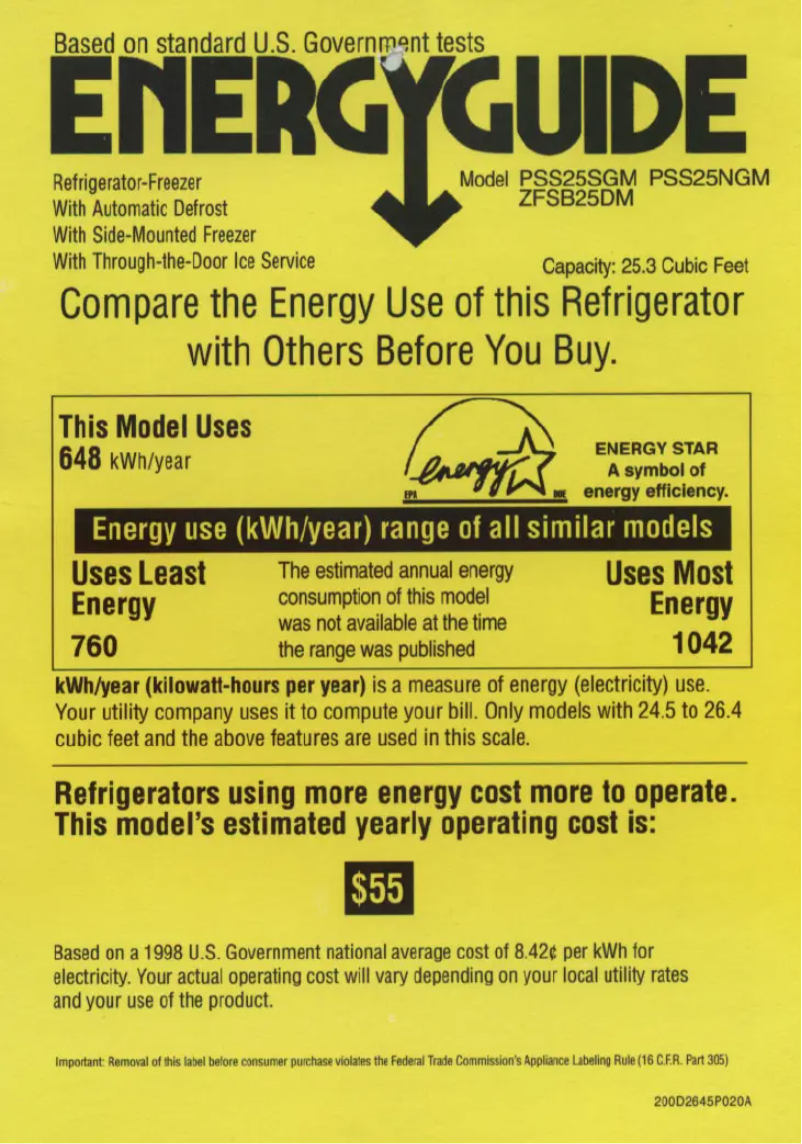 Page 1 de la notice Label énergétique GE PSS25SGMBS