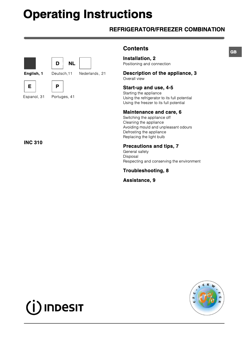 Page n°1 - Manuel utilisateur Indesit IN C 310 (SP-PT)