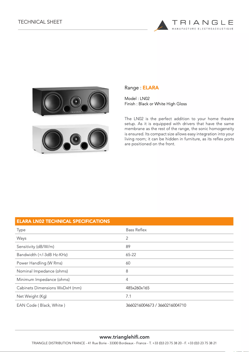 Page 1 de la notice Fiche technique Triangle Elara LN02