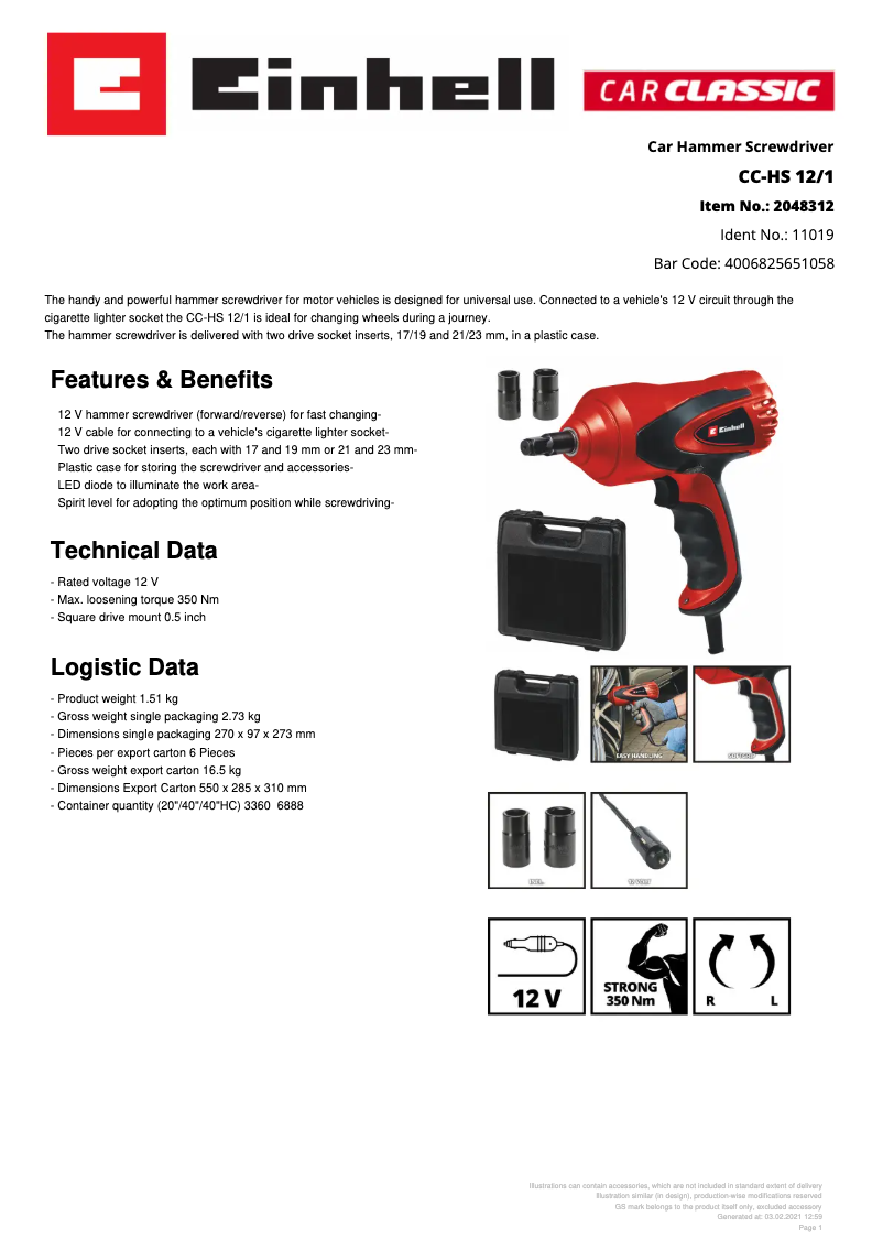 Page n°1 - Fiche technique Einhell CC-HS 12/1
