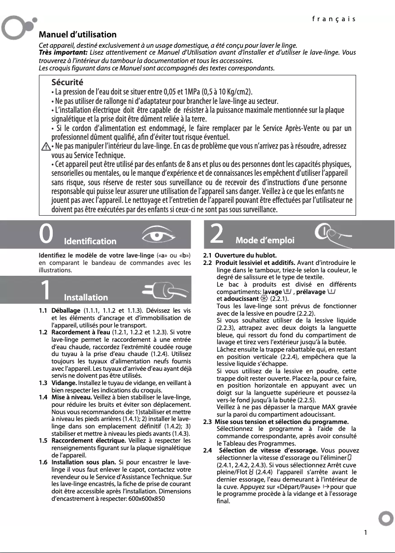 Page 1 de la notice Manuel utilisateur Brandt WFA374