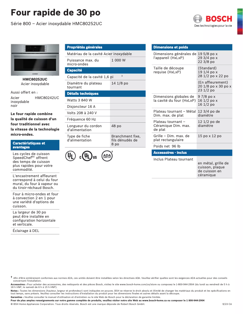 Page 1 of the manual Technical Sheet Bosch HMC80252UC