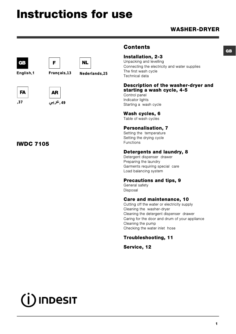 Page 1 de la notice Manuel utilisateur Indesit IWDC 7105