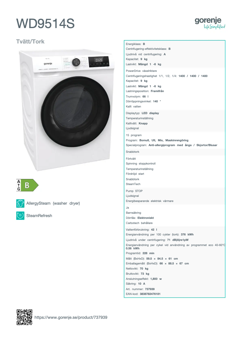 Page n°1 - Manuel utilisateur Gorenje WD9514S