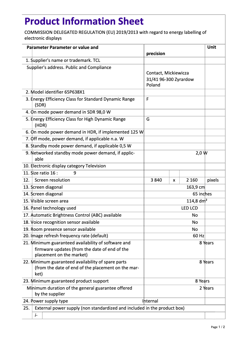 Page 1 of the manual Technical Sheet TCL 65P638