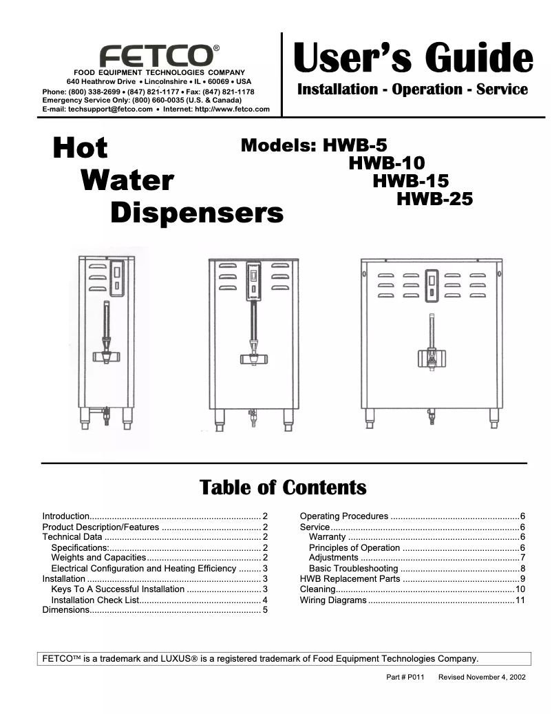 Page n°1 - Manuel utilisateur Fetco HWB-15