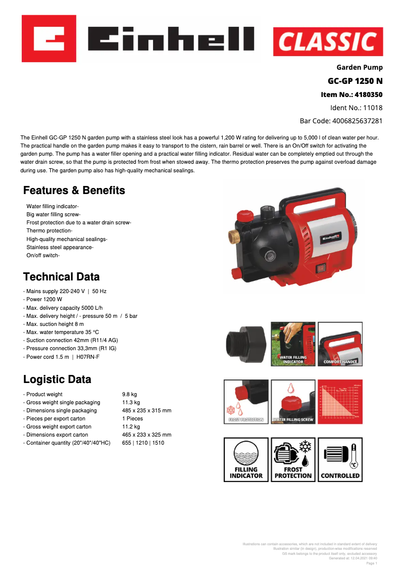 Page 1 de la notice Fiche technique Einhell GC-GP 1250 N