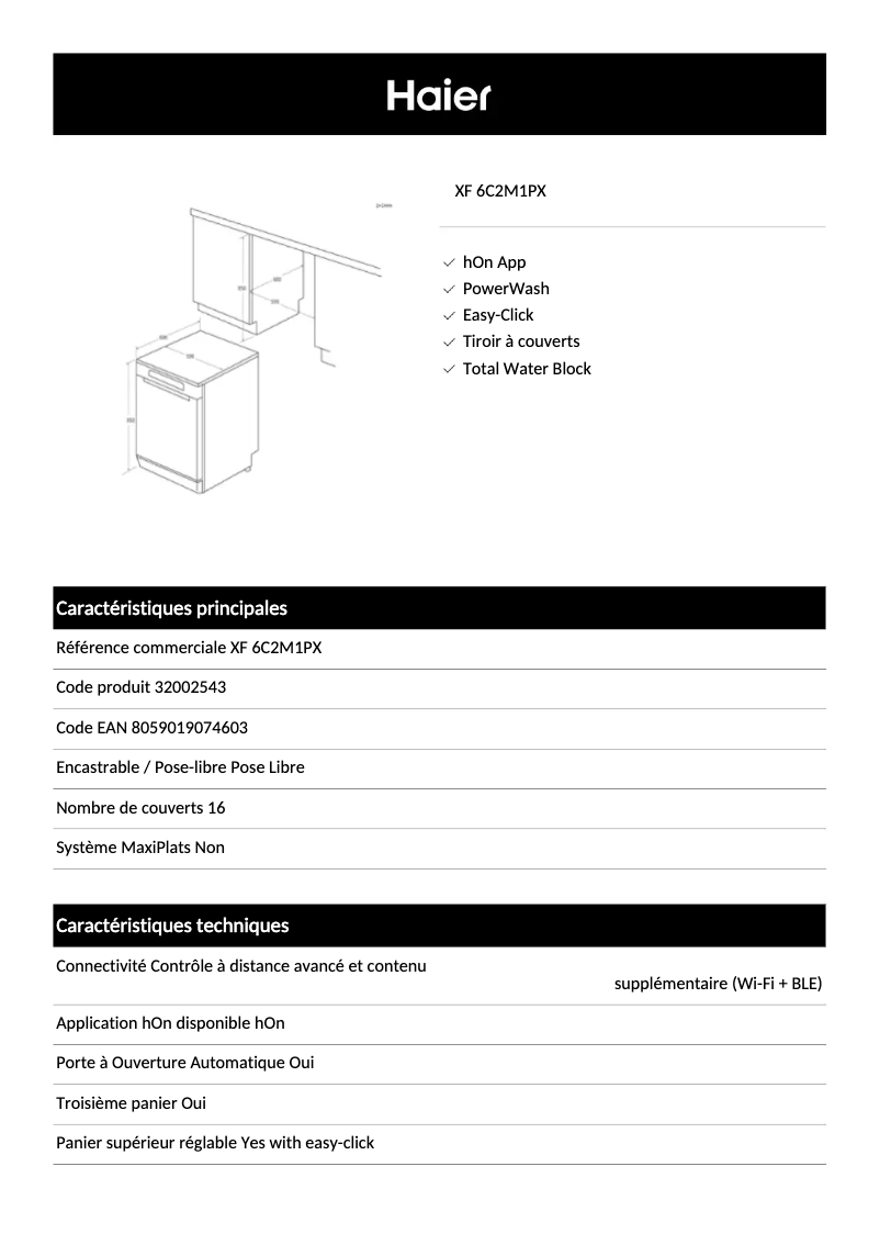 Page n°1 - Fiche technique Haier XF 6C2M1PX