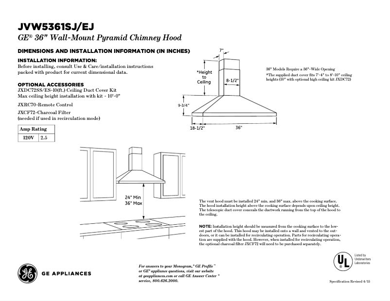 Page 1 de la notice Fiche technique GE JVW5361BJTS