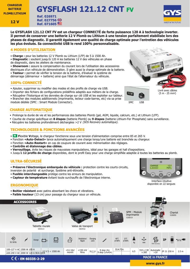 Page 1 de la notice Fiche technique GYS Gysflash 121.12 CNT FV - US