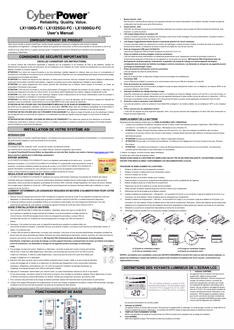 Page 1 de la notice Manuel utilisateur CyberPower LX1500GU-FC