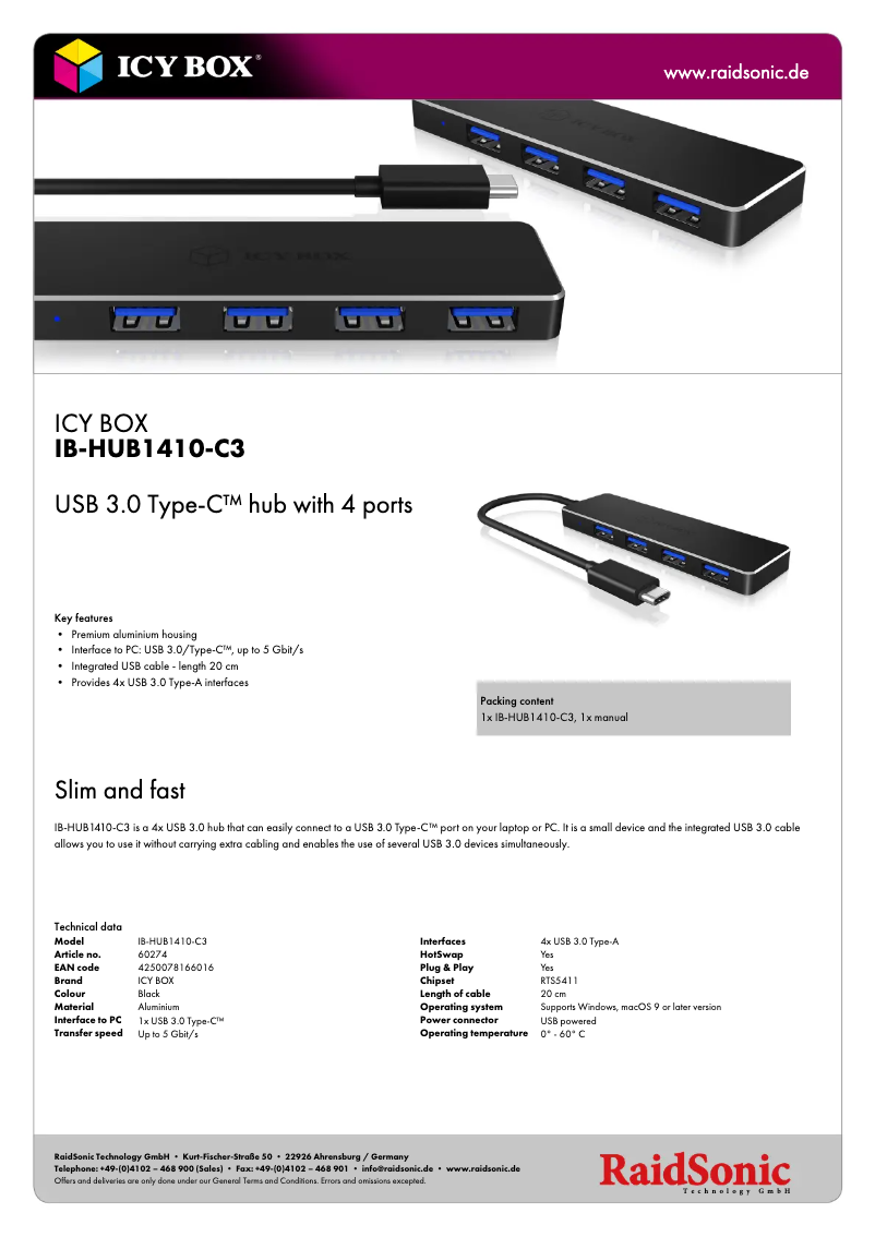 Página 1 del manual Ficha técnica Icy Box IB-HUB1410-C3