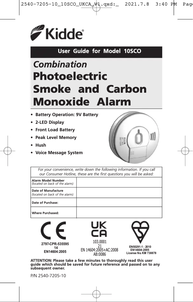 Page n°1 - Manuel utilisateur Kidde KID-10SCO