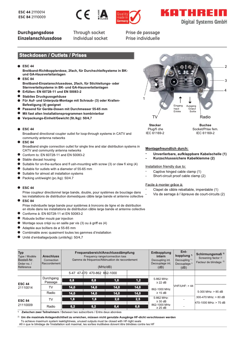 Page 1 de la notice Manuel utilisateur Kathrein ESC 84
