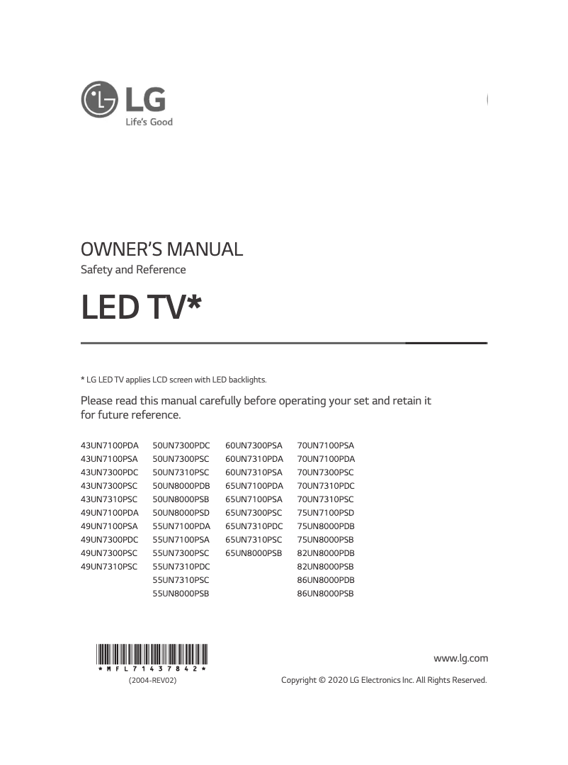 Page 1 de la notice Manuel utilisateur LG 49UN7300PSC